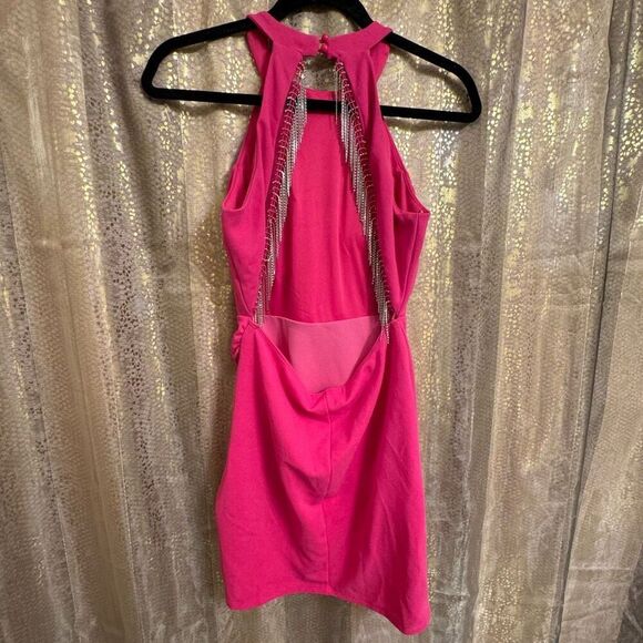 Sincerely Jules Hot Pink Open Back Rhinestone Fringe Party Mini Dress Med NWT - Picture 1 of 8